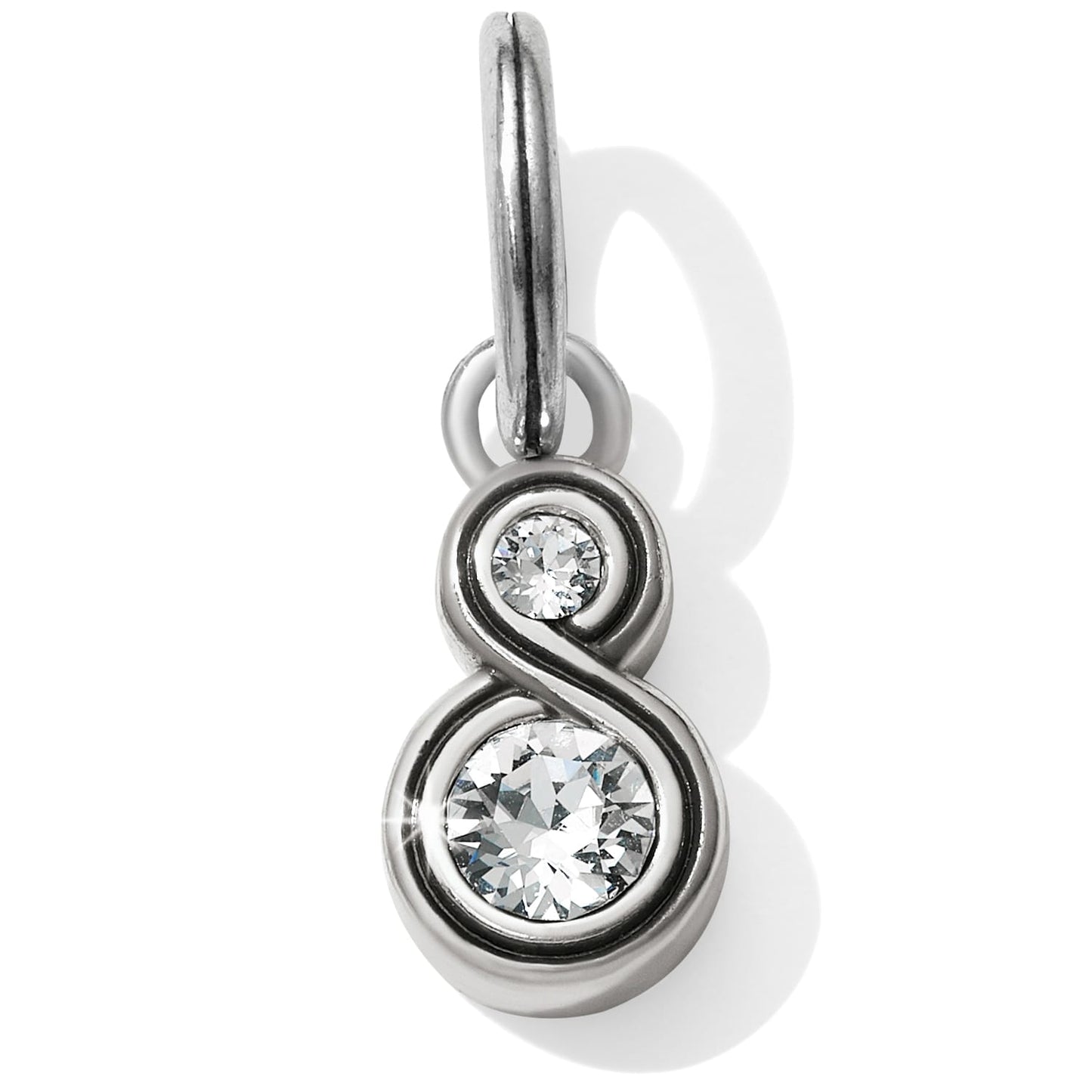 Brighton infinity charm with two crystal accents and silver-plated finish on a white background