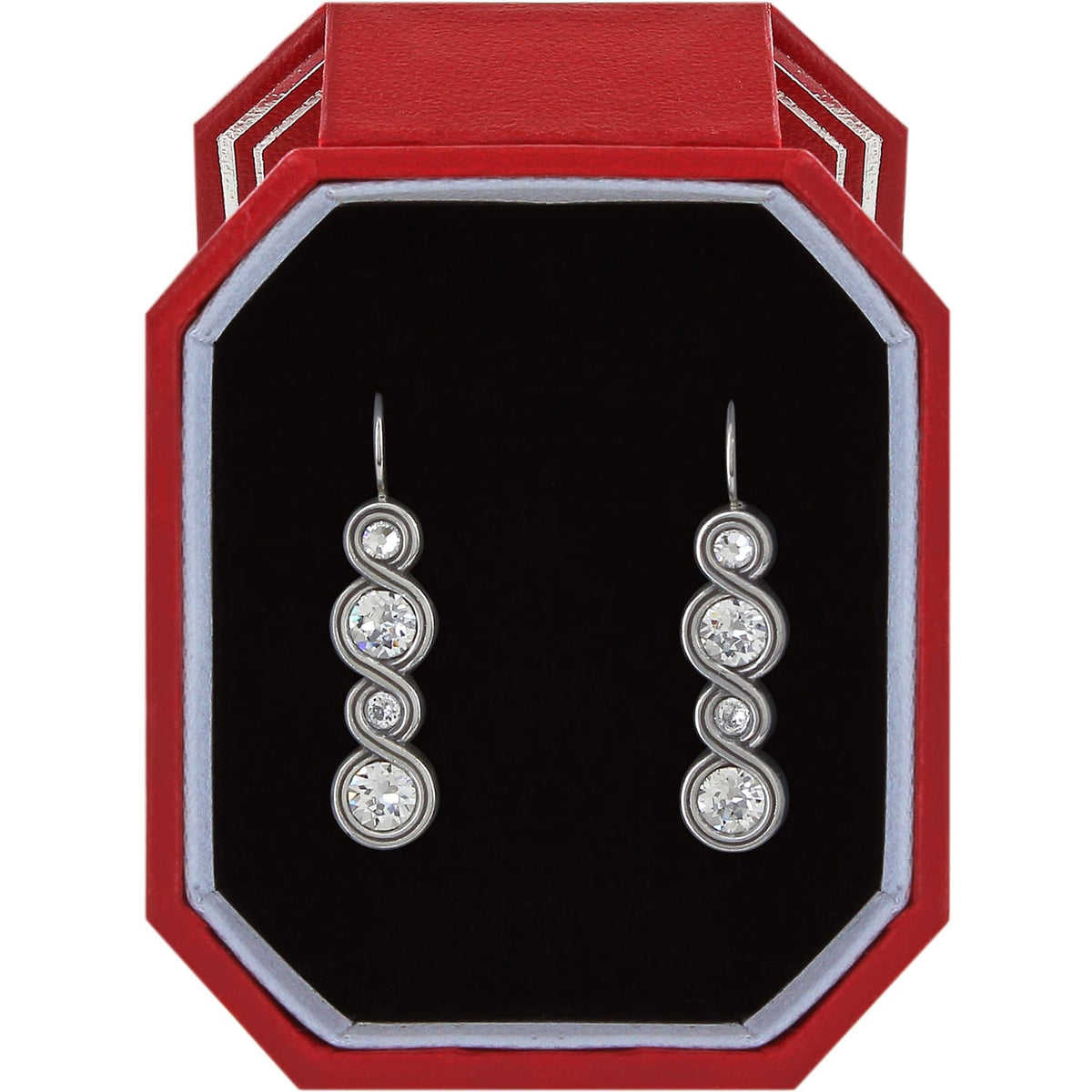 Brighton drop earrings with silver-plated swirl design and graduated crystal accents in a red gift box