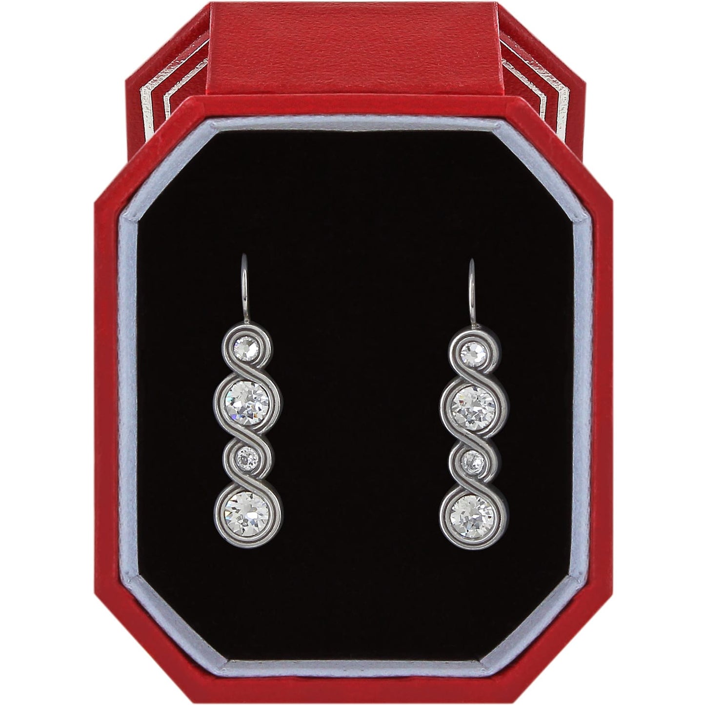 Brighton drop earrings with silver-plated swirl design and graduated crystal accents in a red gift box