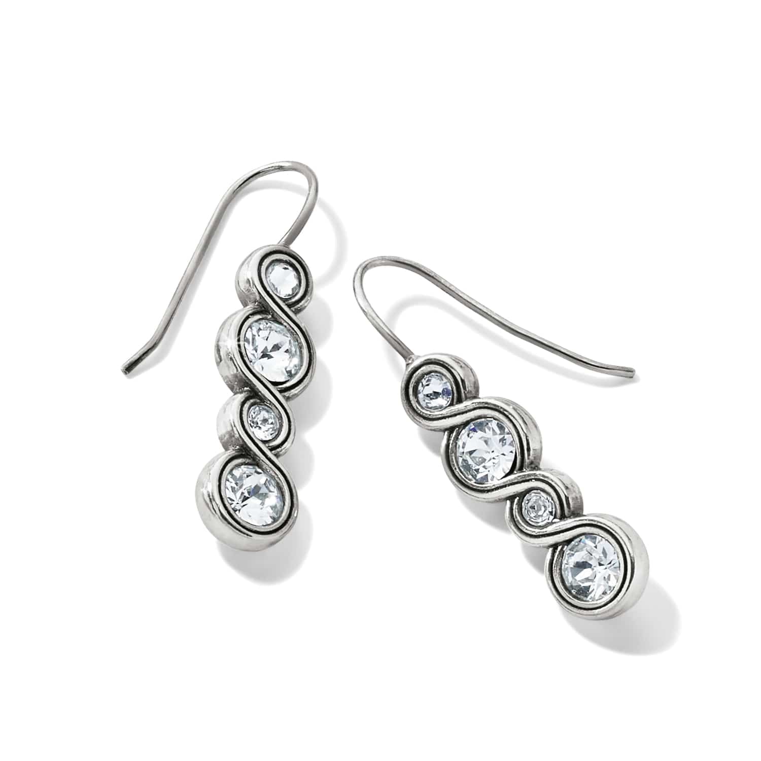 Brighton drop earrings with silver-plated swirl design and round crystal accents in graduated sizes on a white background