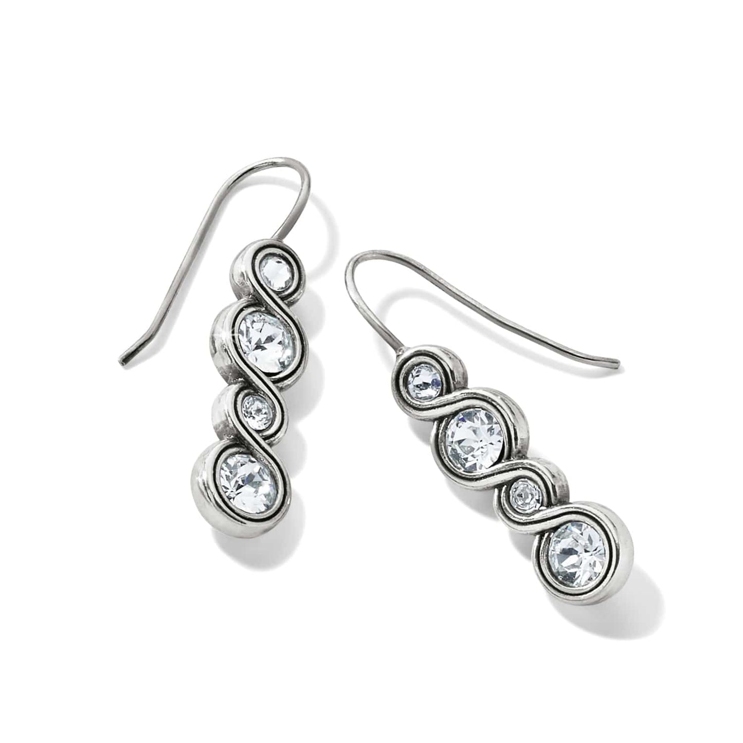 Brighton drop earrings with silver-plated swirl design and round crystal accents in graduated sizes on a white background