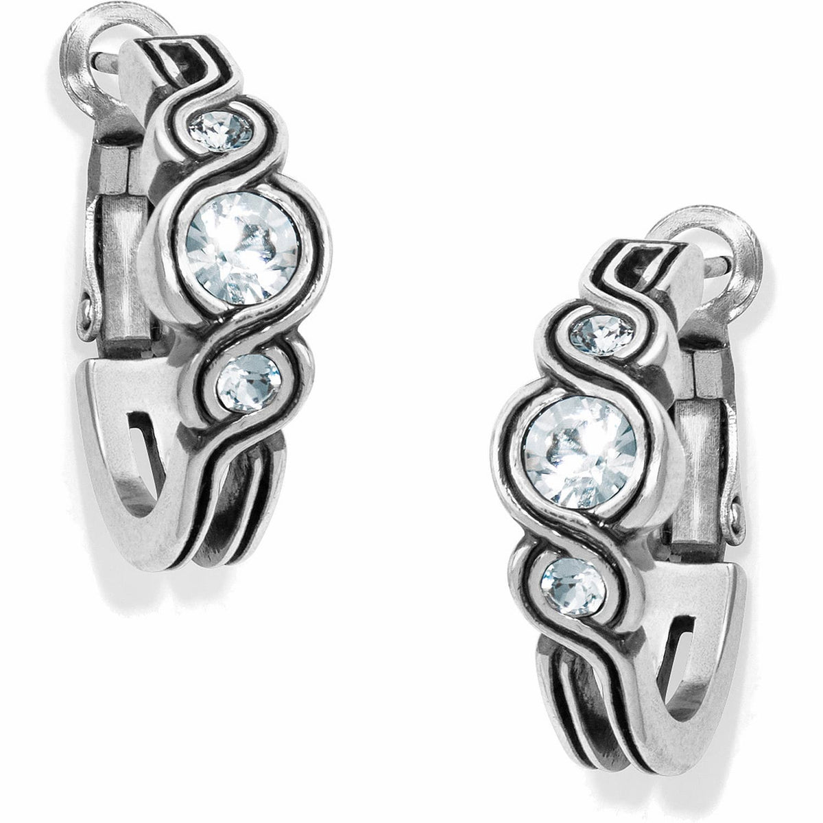 Brighton hoop earrings with silver-plated wave design and round crystal accents on a white background