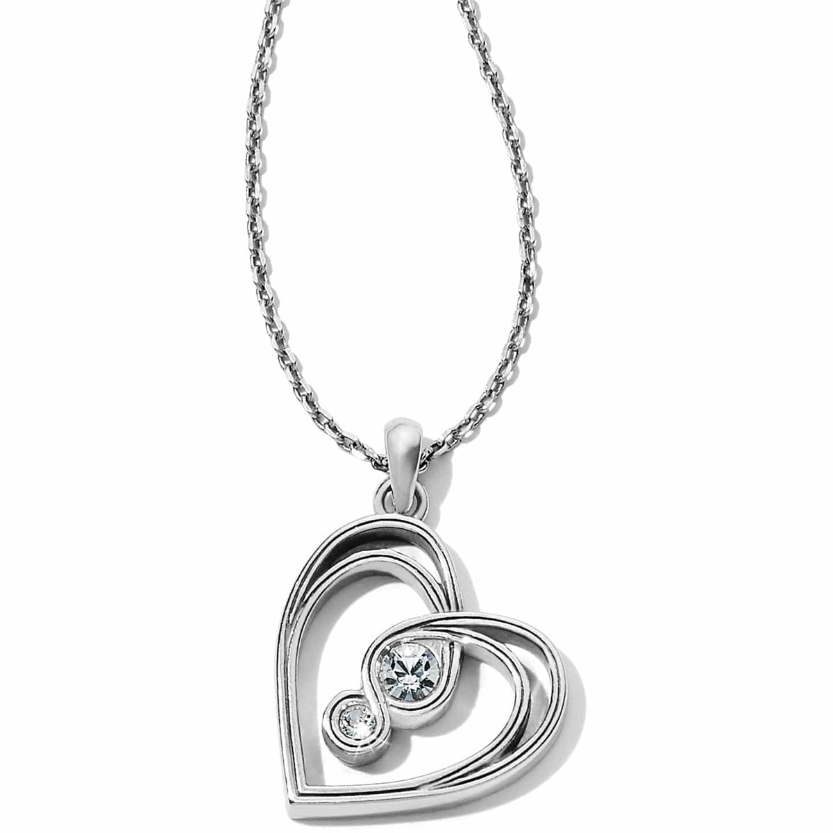 Brighton pendant necklace with silver-plated open heart design and two crystal accents on a white background