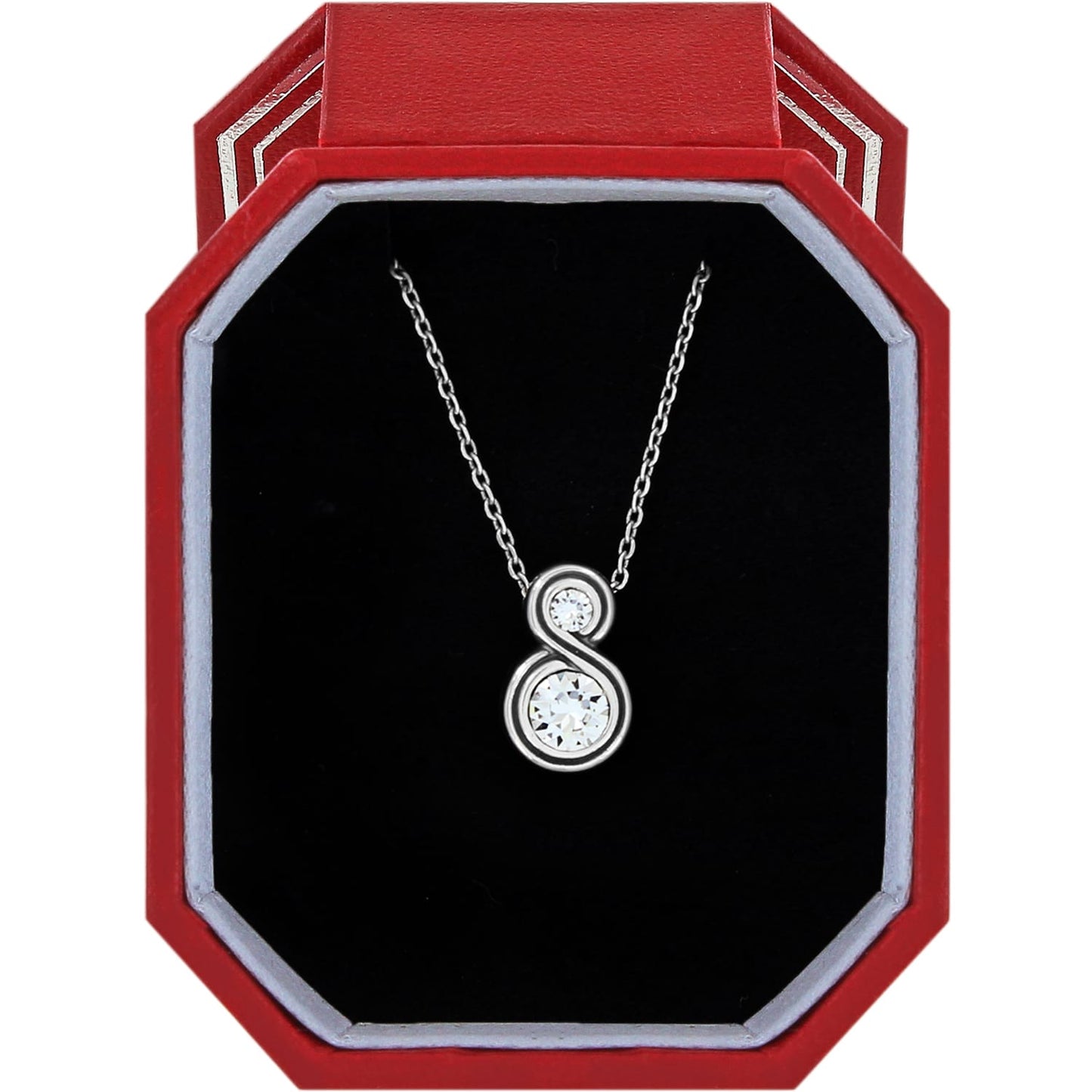 Brighton silver-plated pendant necklace with two crystal stones in figure-eight design displayed in red gift box
