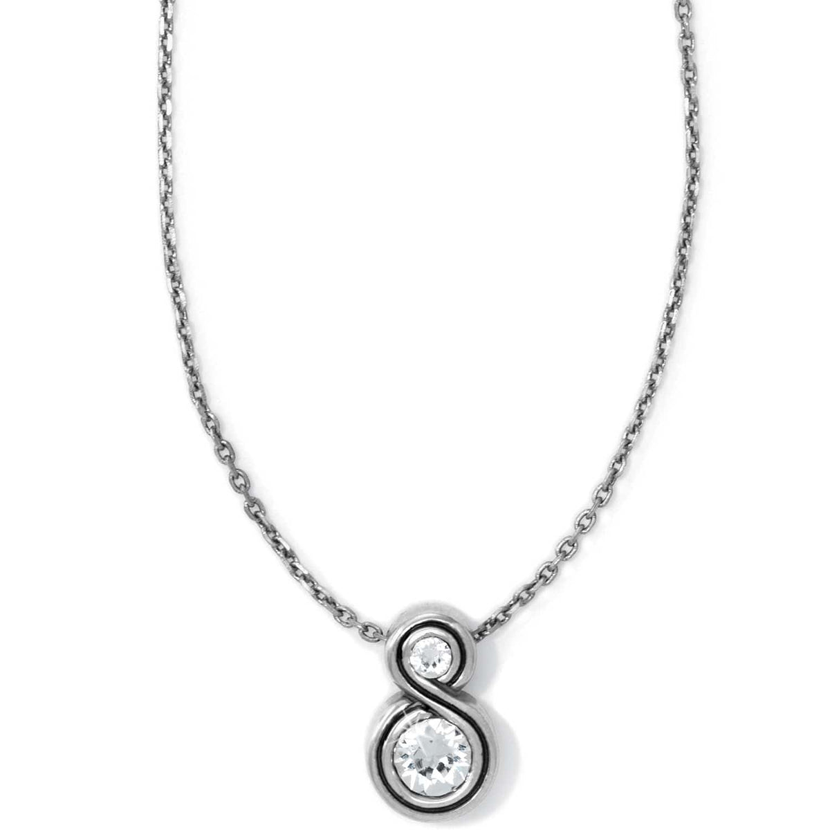 Brighton pendant necklace with silver-plated infinity design and two round crystals on a white background