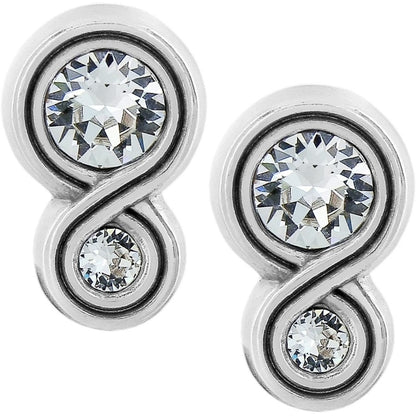 Brighton stud earrings with two round crystals in silver-plated infinity-shaped settings on a white background