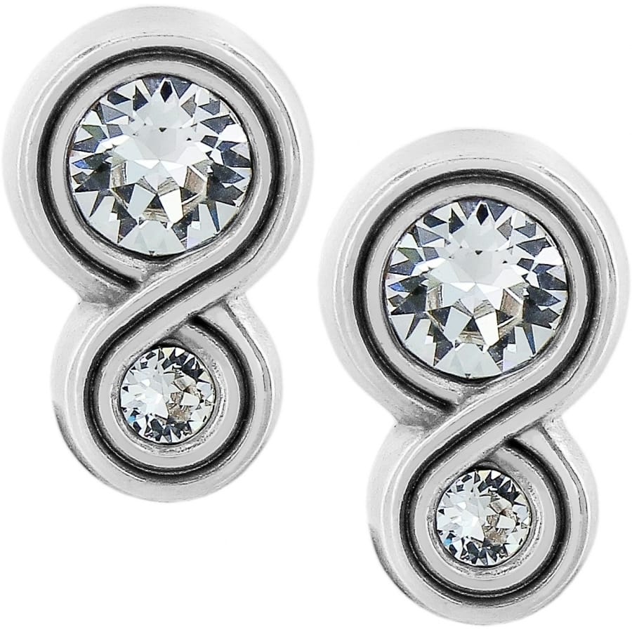 Brighton stud earrings with two round crystals in silver-plated infinity-shaped settings on a white background