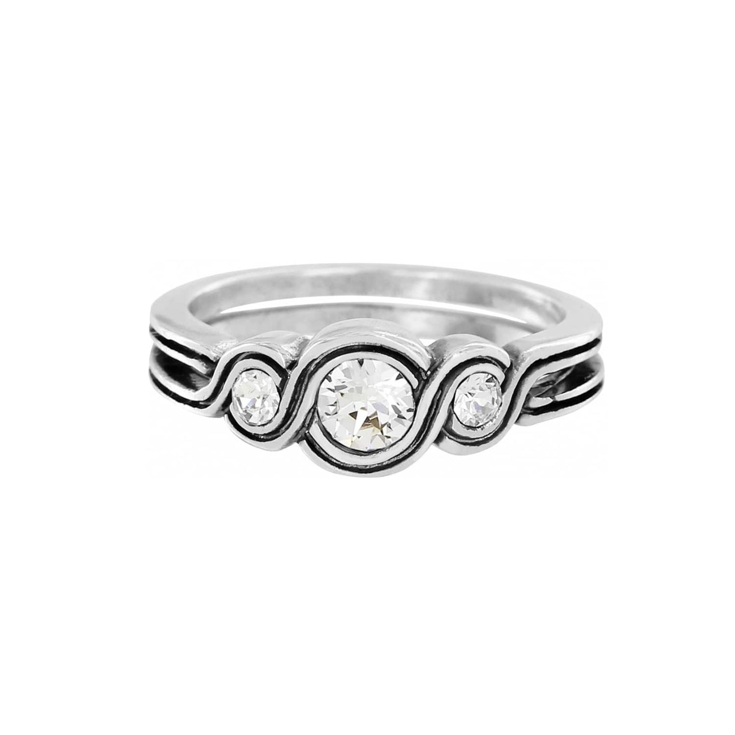 Brighton silver-plated ring with three crystals and swirling scroll detail along the band on a white background
