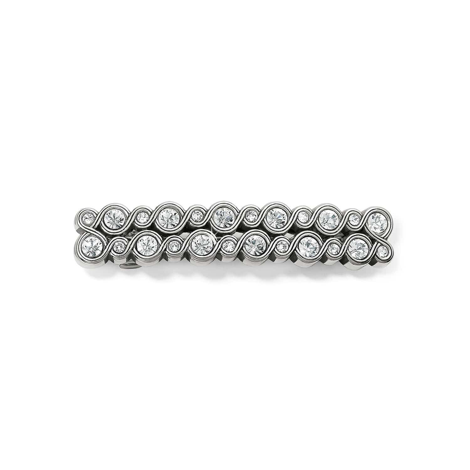 Brighton silver-plated hair barrette with two rows of crystal accents and scrollwork detailing on a white background