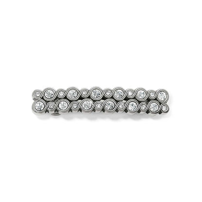 Brighton silver-plated hair barrette with two rows of crystal accents and scrollwork detailing on a white background