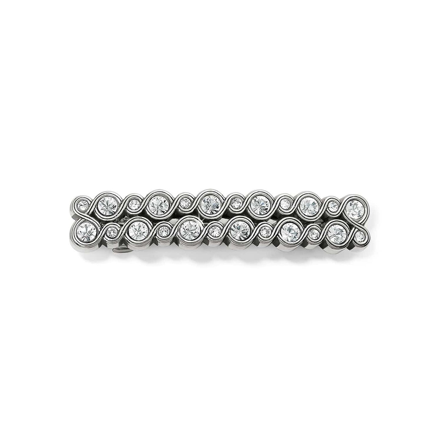 Brighton silver-plated hair barrette with two rows of crystal accents and scrollwork detailing on a white background