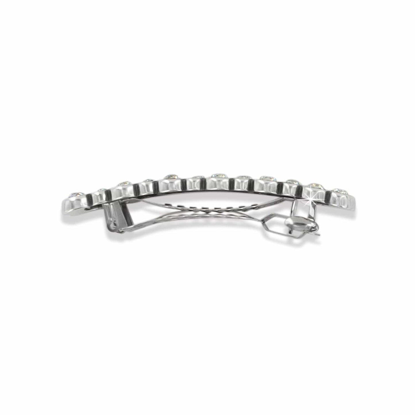 Brighton hair barrette shown from the back with silver-plated clasp and crystal-edged top on a white background