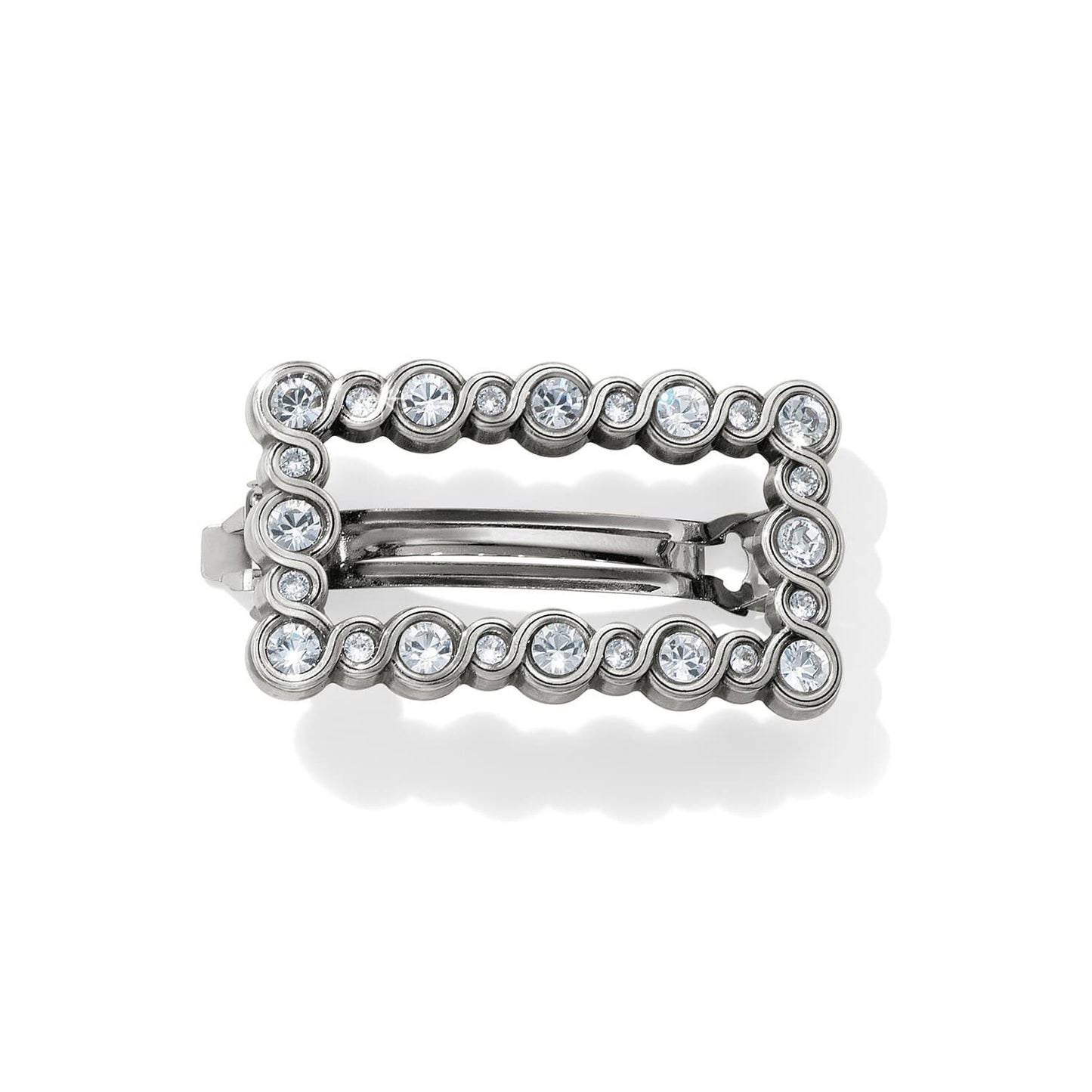 Brighton silver-plated hair barrette with rectangular open design and round crystal accents on a white background