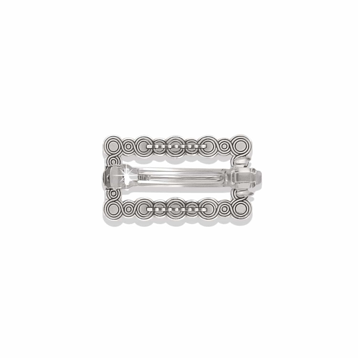 Brighton rectangular hair barrette with silver-plated scrollwork and beaded border design shown from the back on a white background