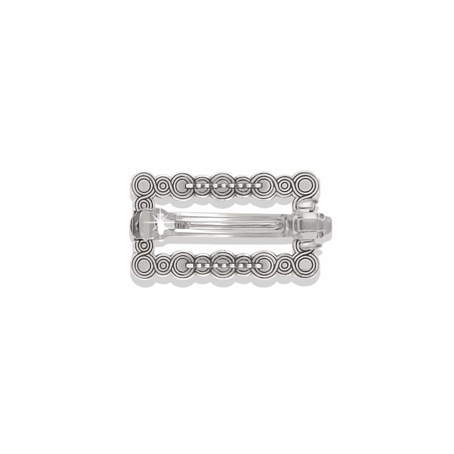 Brighton rectangular hair barrette with silver-plated scrollwork and beaded border design shown from the back on a white background
