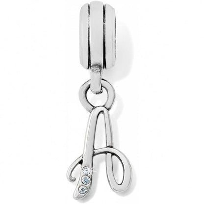 Brighton letter A charm with silver-plated cursive script and three crystal accents on a white background