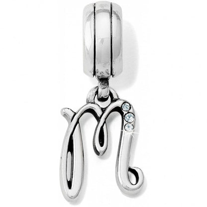 Brighton letter M charm with silver-plated cursive design and three crystal accents on a white background