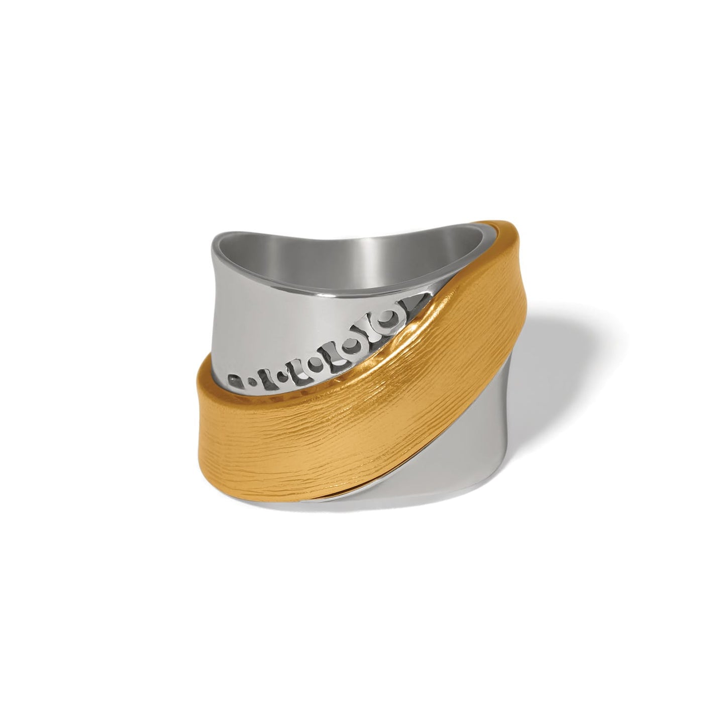 Brighton ring with two-tone silver and gold wrapped bands featuring textured and cutout details on a white background