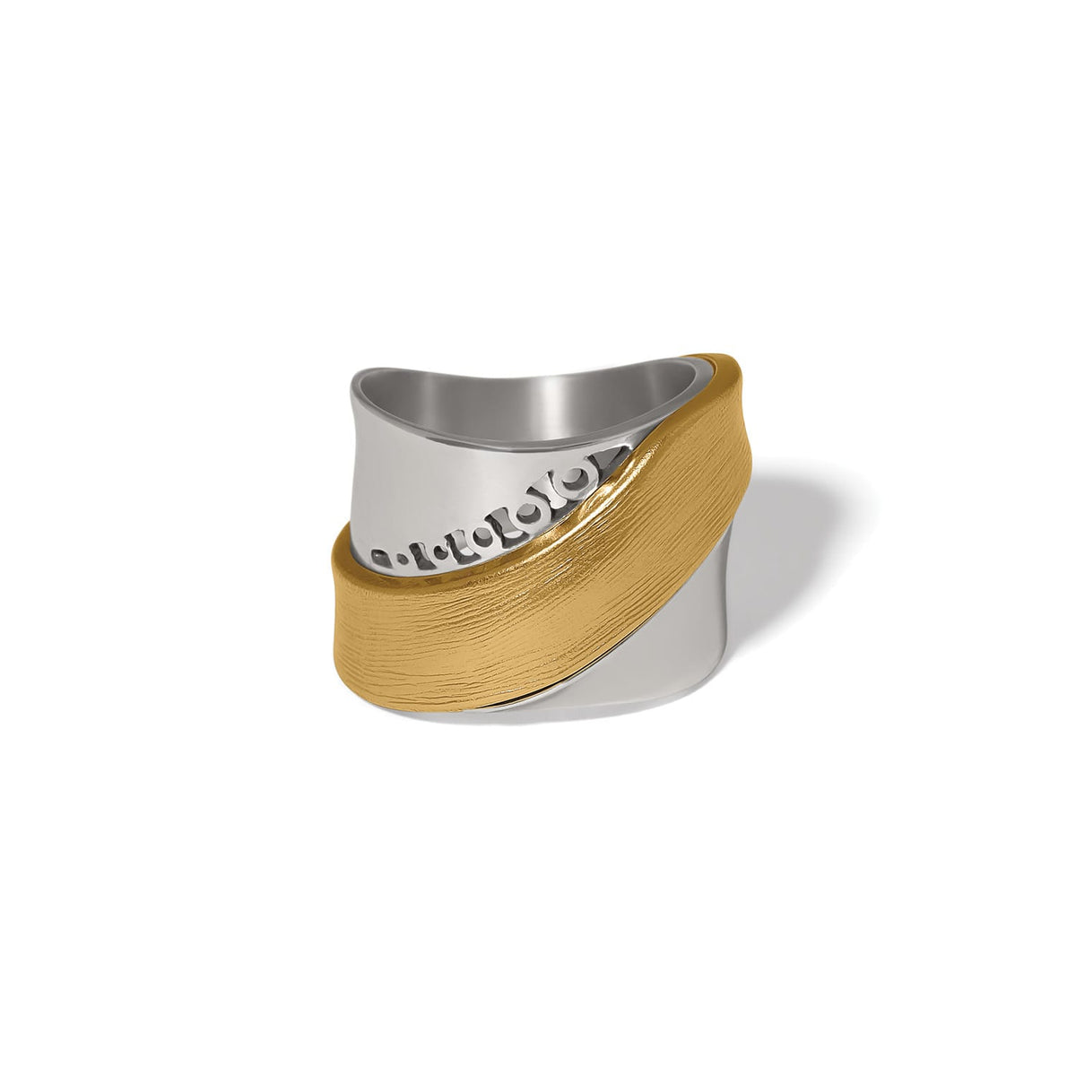 Brighton ring with two-tone wrapped band design featuring textured gold-tone and polished silver-tone finishes on a white background
