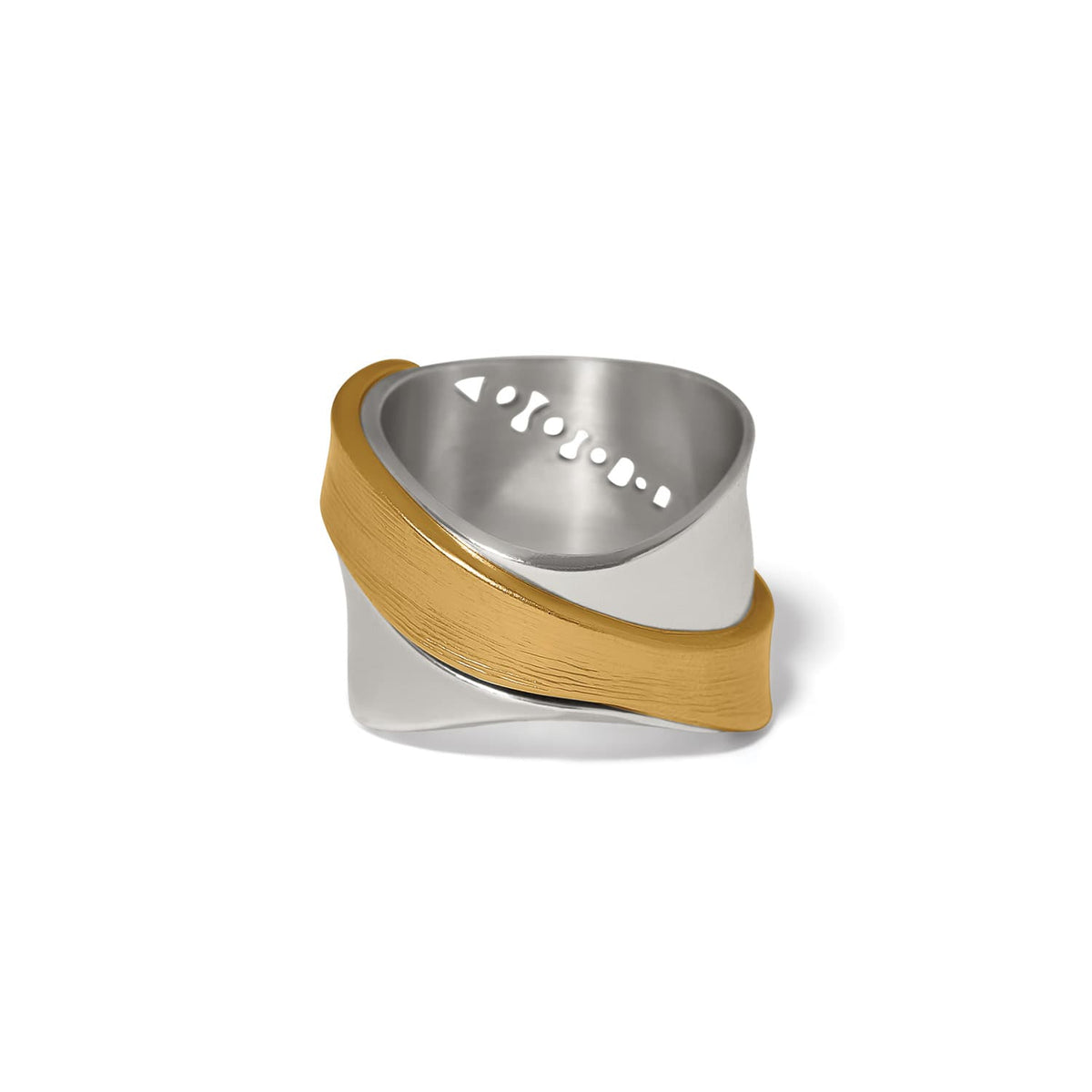 Brighton ring with two-tone silver and gold wrapped bands featuring cutout detail along the interior on a white background