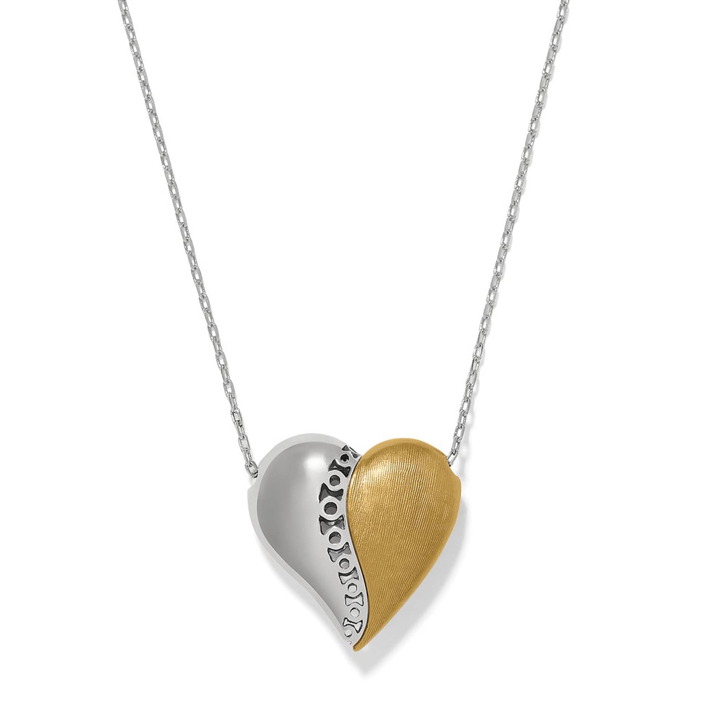 Brighton heart pendant necklace with two-tone silver and gold design on a silver chain on a white background