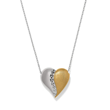 Brighton heart pendant necklace with two-tone silver and gold finish on a delicate silver chain on a white background