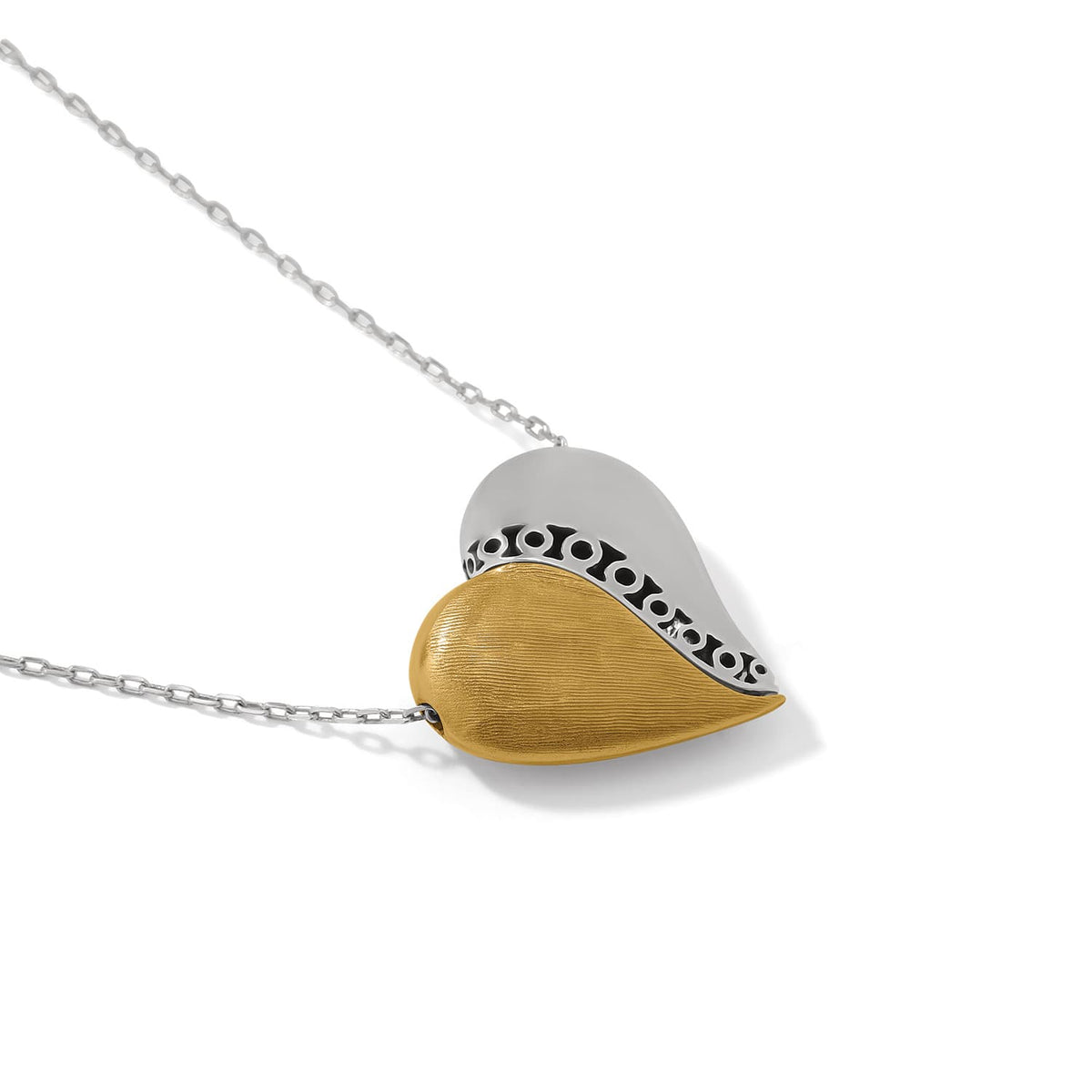 Brighton heart pendant necklace with two-tone silver and gold finish and scroll detail on a white background