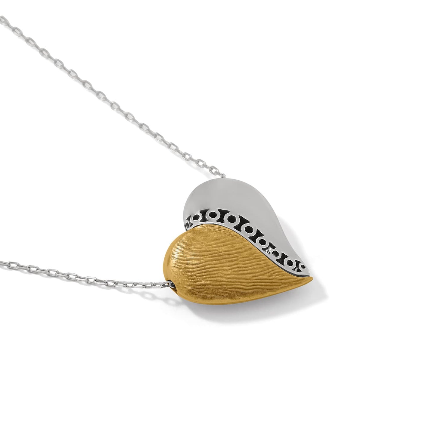 Brighton heart pendant necklace with two-tone silver and gold finish and scroll detail on a white background