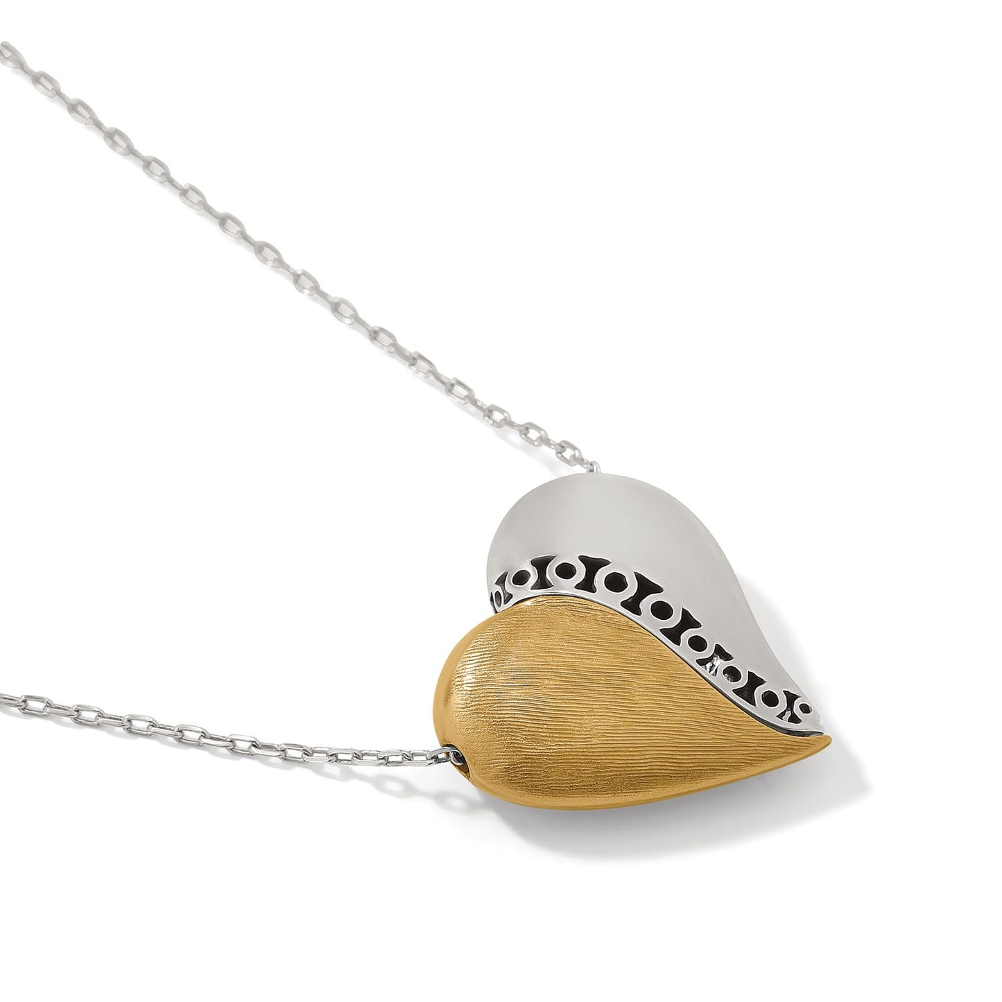 Brighton heart pendant necklace with two-tone silver and gold finish and scroll detail on a white background