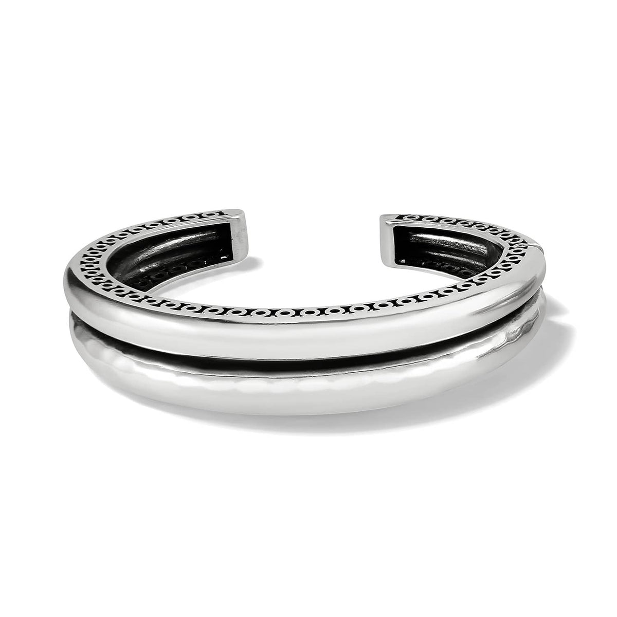 Brighton silver-plated cuff bracelet with grooved double band design and dotted openwork edge detail on a white background