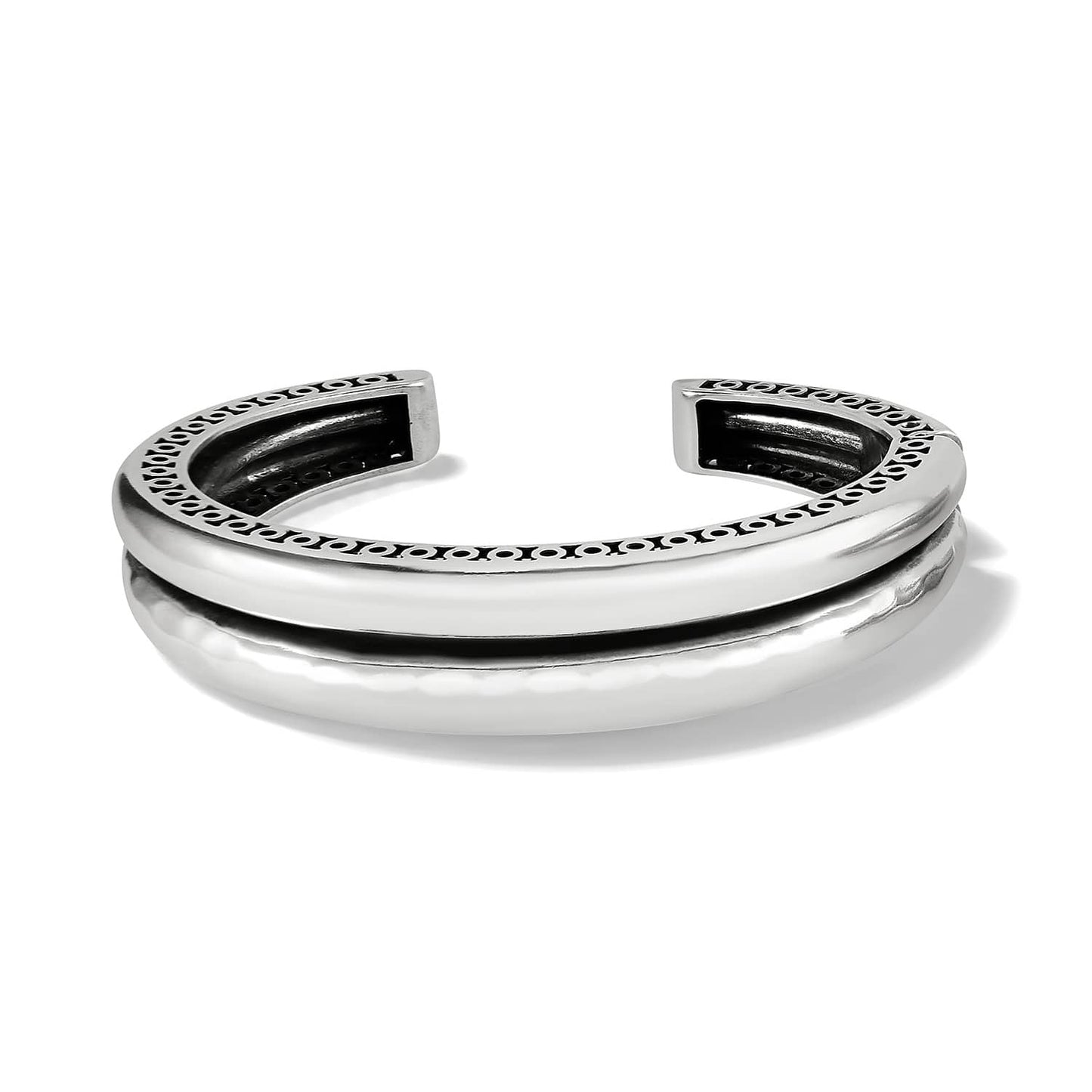 Brighton silver-plated cuff bracelet with grooved double band design and dotted openwork edge detail on a white background