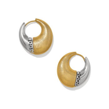 Brighton hoop earrings with two-tone gold and silver crescent design and small bead detail on a white background