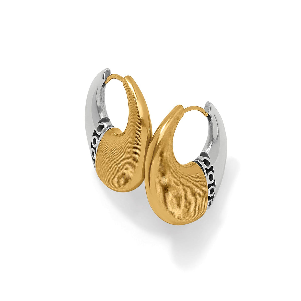 Brighton hoop earrings with two-tone gold and silver finish featuring decorative side detailing on a white background