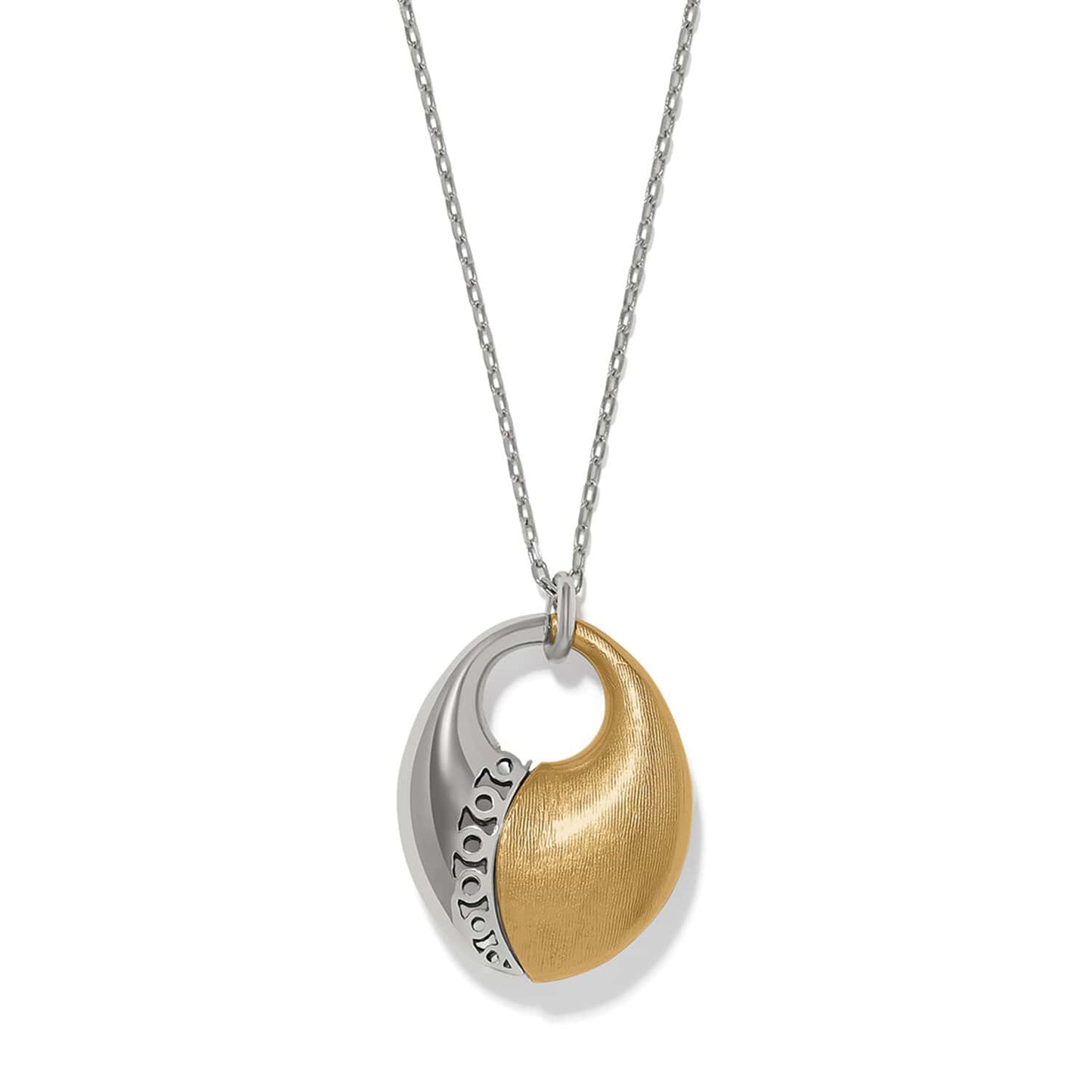 Brighton pendant necklace with two-tone silver and gold oval design featuring scroll detail on a white background