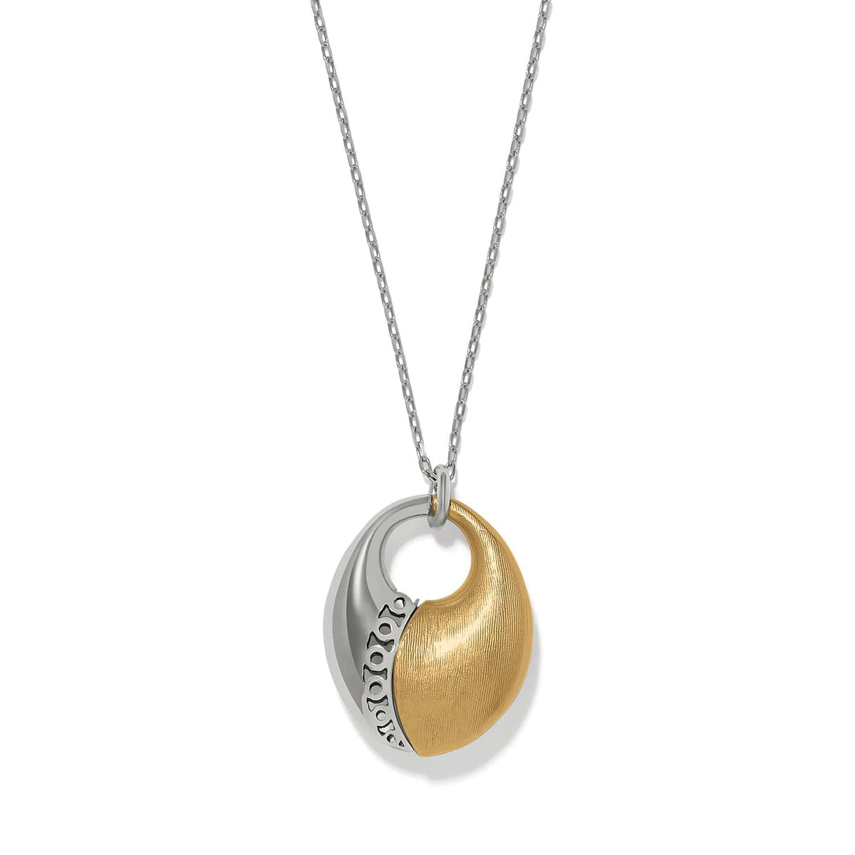 Brighton pendant necklace with two-tone silver and brushed gold oval disc on a white background