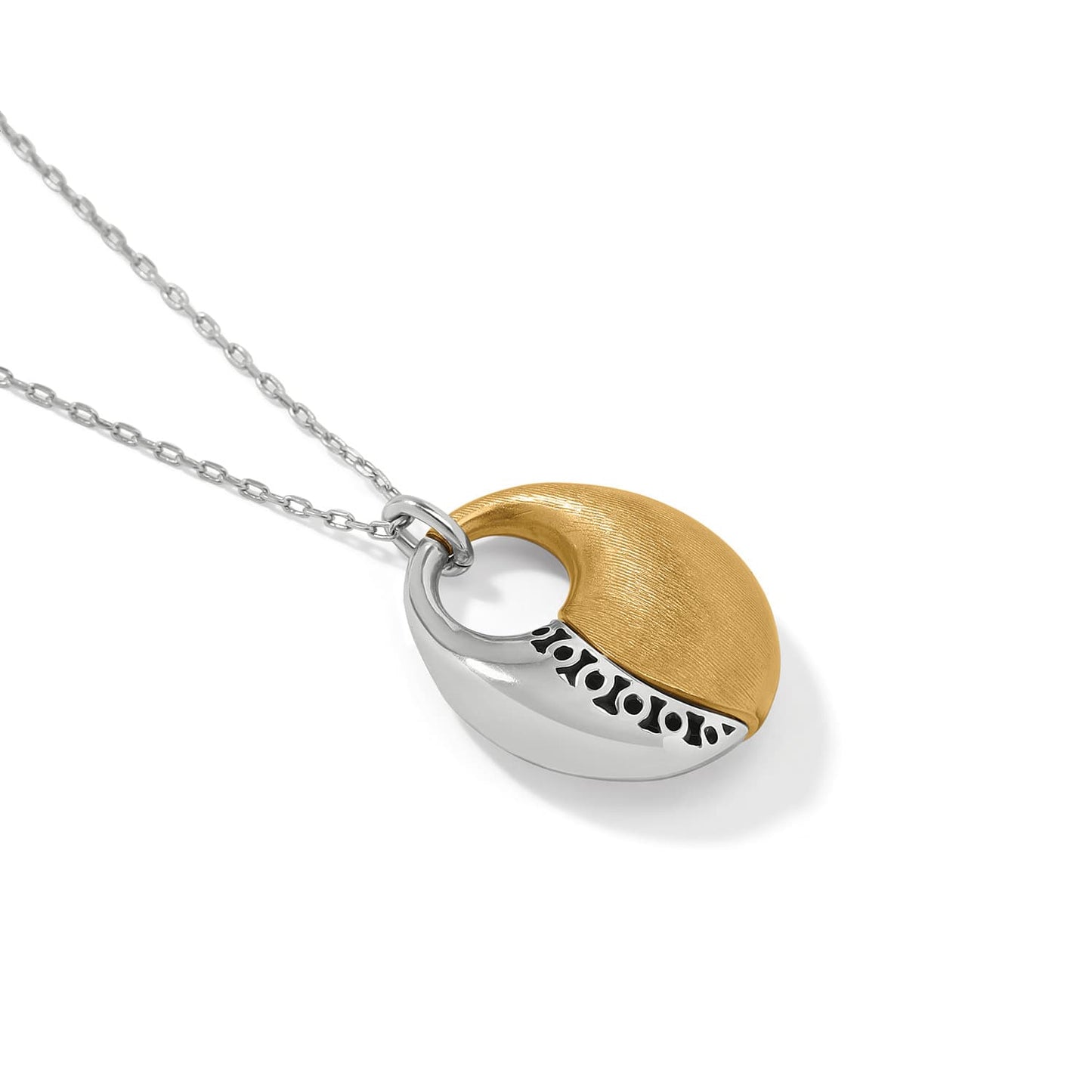 Brighton pendant necklace with two-tone brushed gold and polished silver oval design on a white background