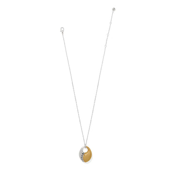 Brighton pendant necklace with two-tone silver and gold oval pendants on a delicate silver chain on a white background