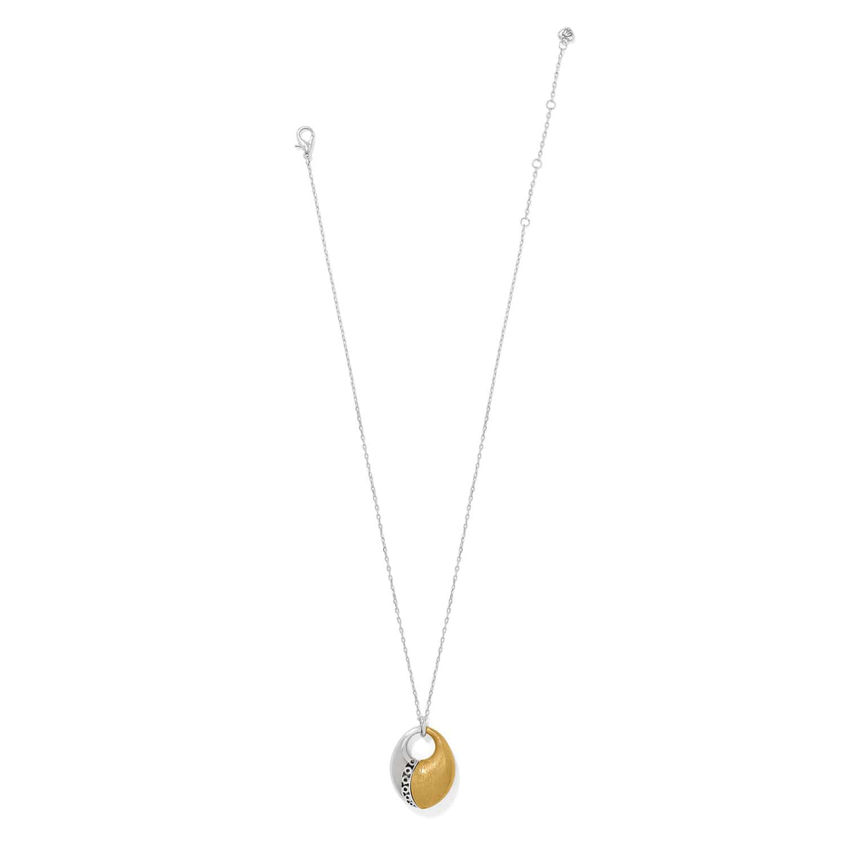 Brighton pendant necklace with two-tone silver and gold oval charms on a thin silver chain on a white background