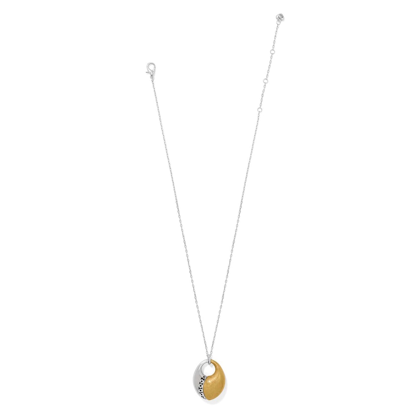 Brighton pendant necklace with two-tone silver and gold oval charms on a thin silver chain on a white background