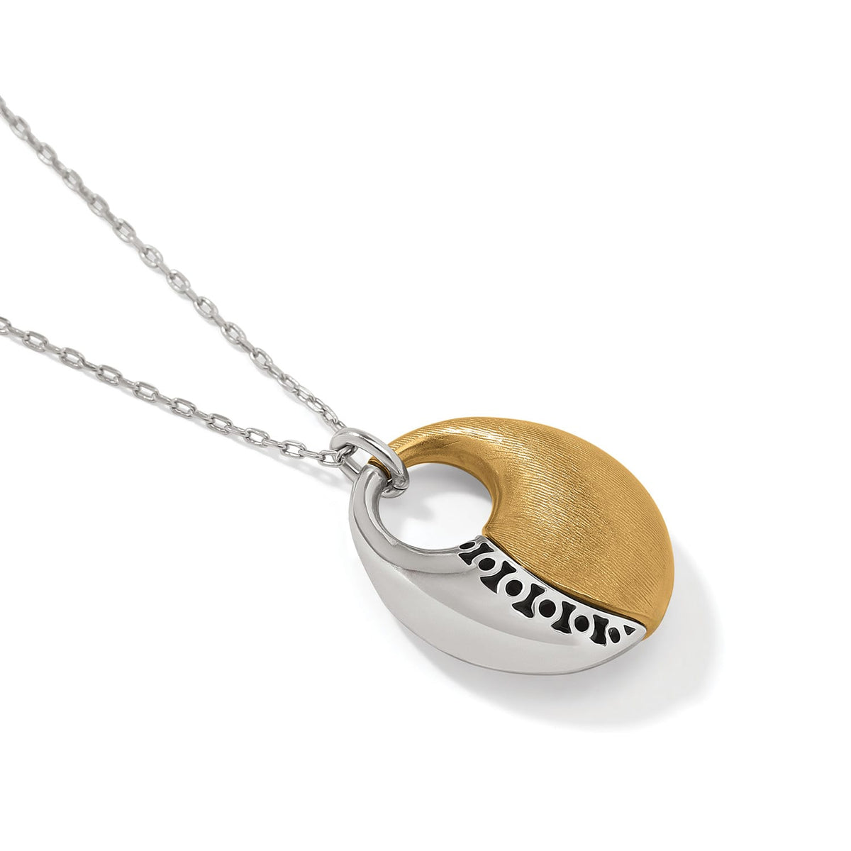 Brighton pendant necklace with two-tone gold and silver oval disc on silver chain on a white background