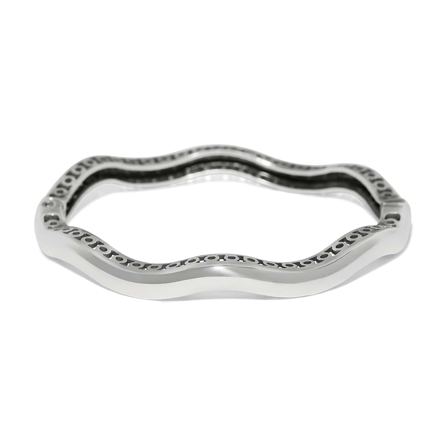 Brighton silver-plated bangle bracelet with wavy scalloped design and openwork interior detailing on a white background