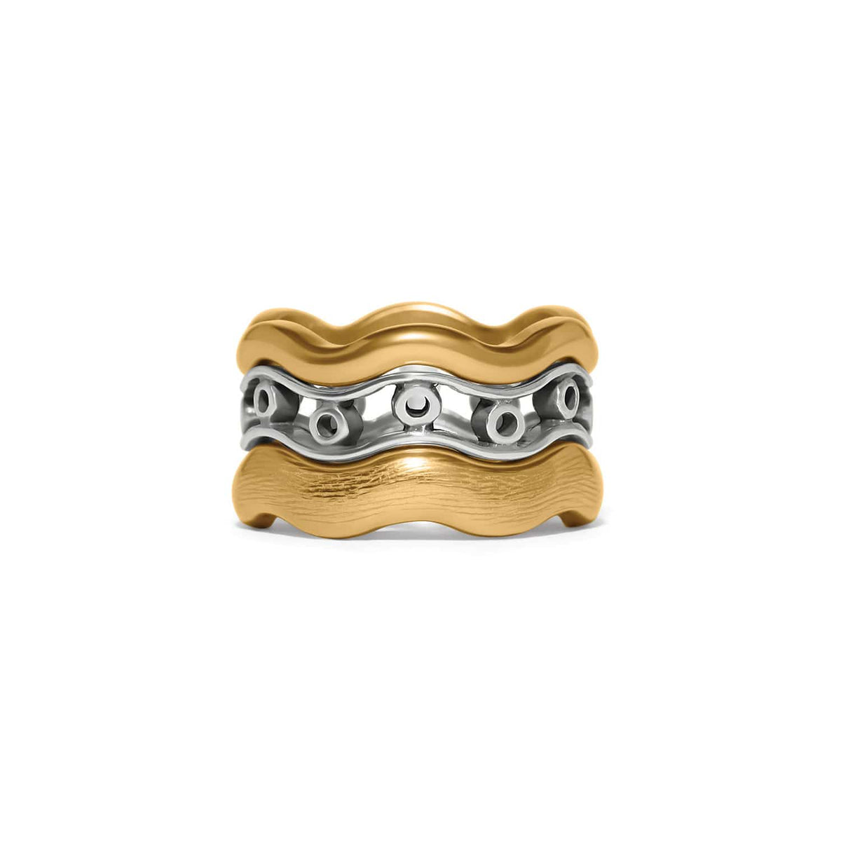 Brighton ring with two-tone wavy gold bands and silver-tone center with circular openwork details on a white background