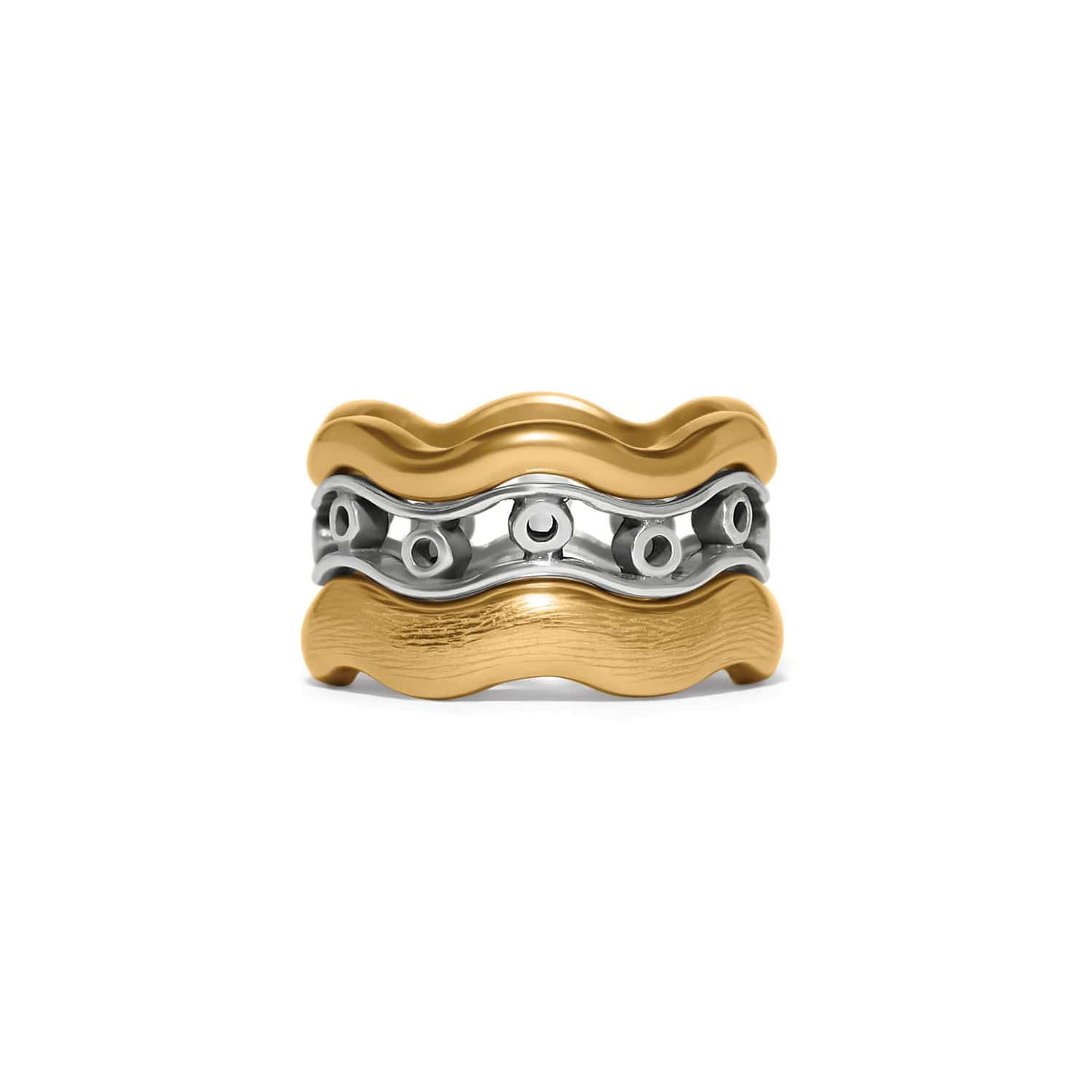 Brighton ring with two-tone wavy gold bands and silver-tone center with circular openwork details on a white background