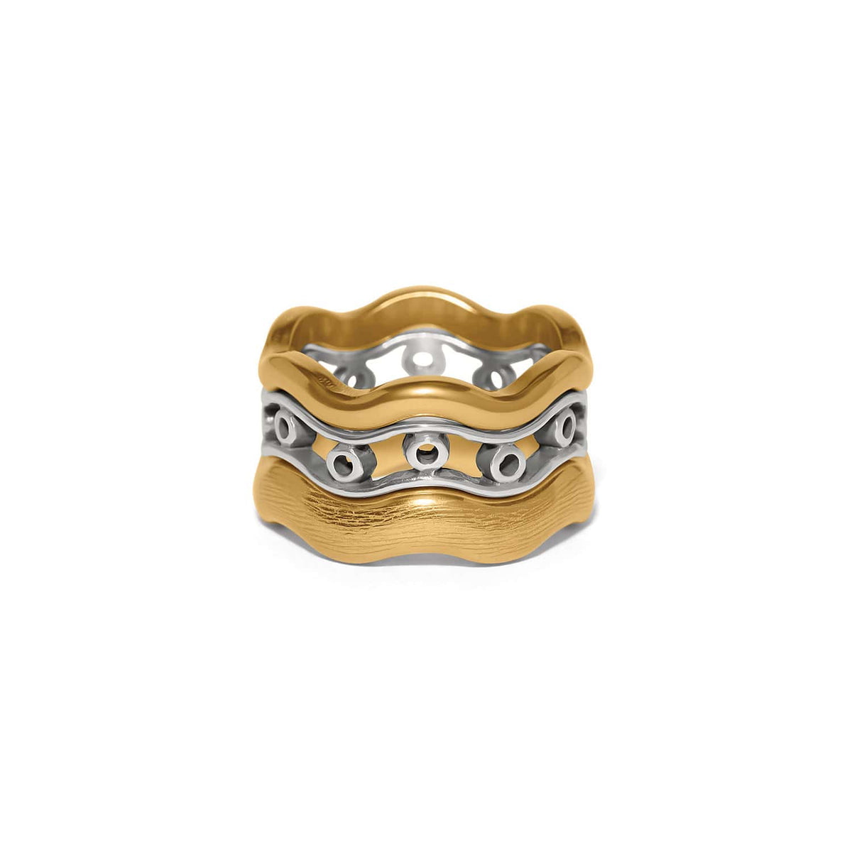 Brighton stacked ring set with two-tone wavy bands and silver circle accents on a white background