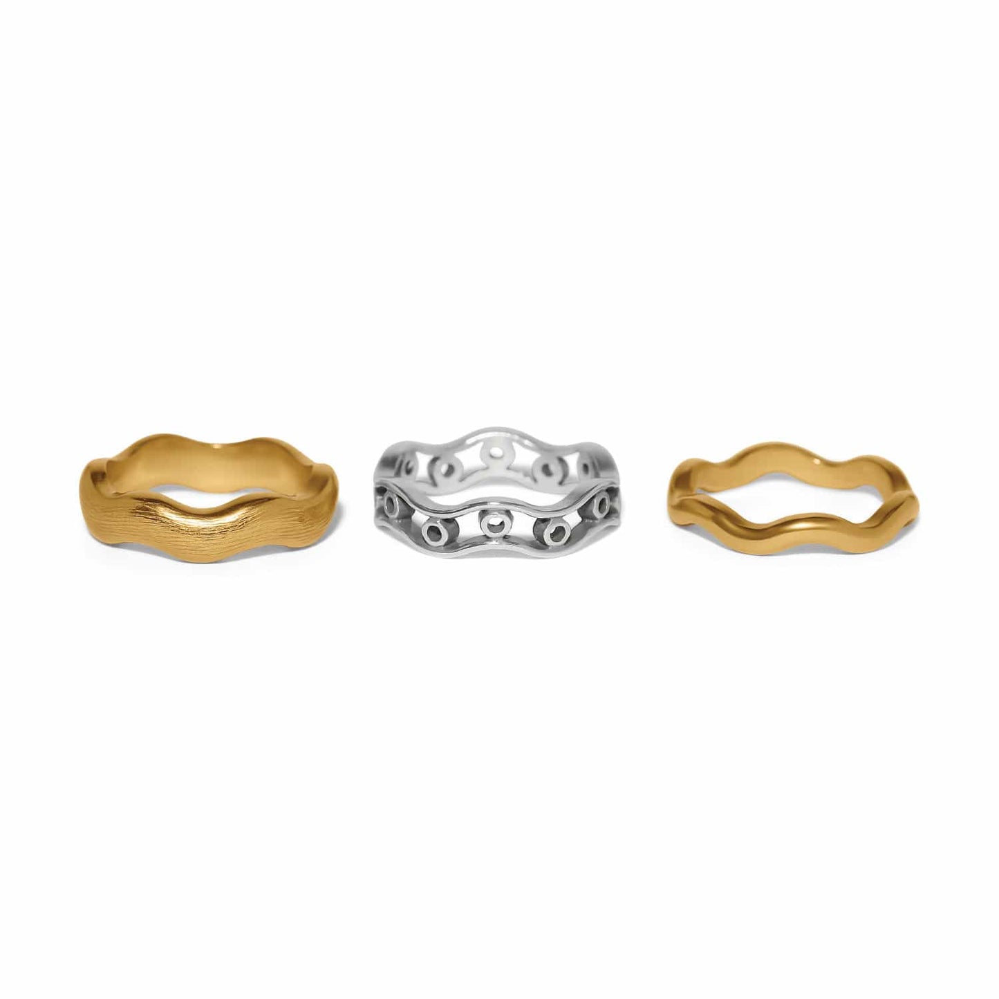 Brighton set of three wavy band rings in two-tone gold and silver finishes on a white background