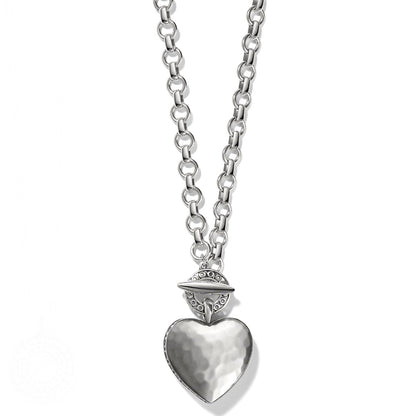 Brighton heart pendant necklace with hammered silver-tone finish and chunky rolo chain with toggle clasp on a white background