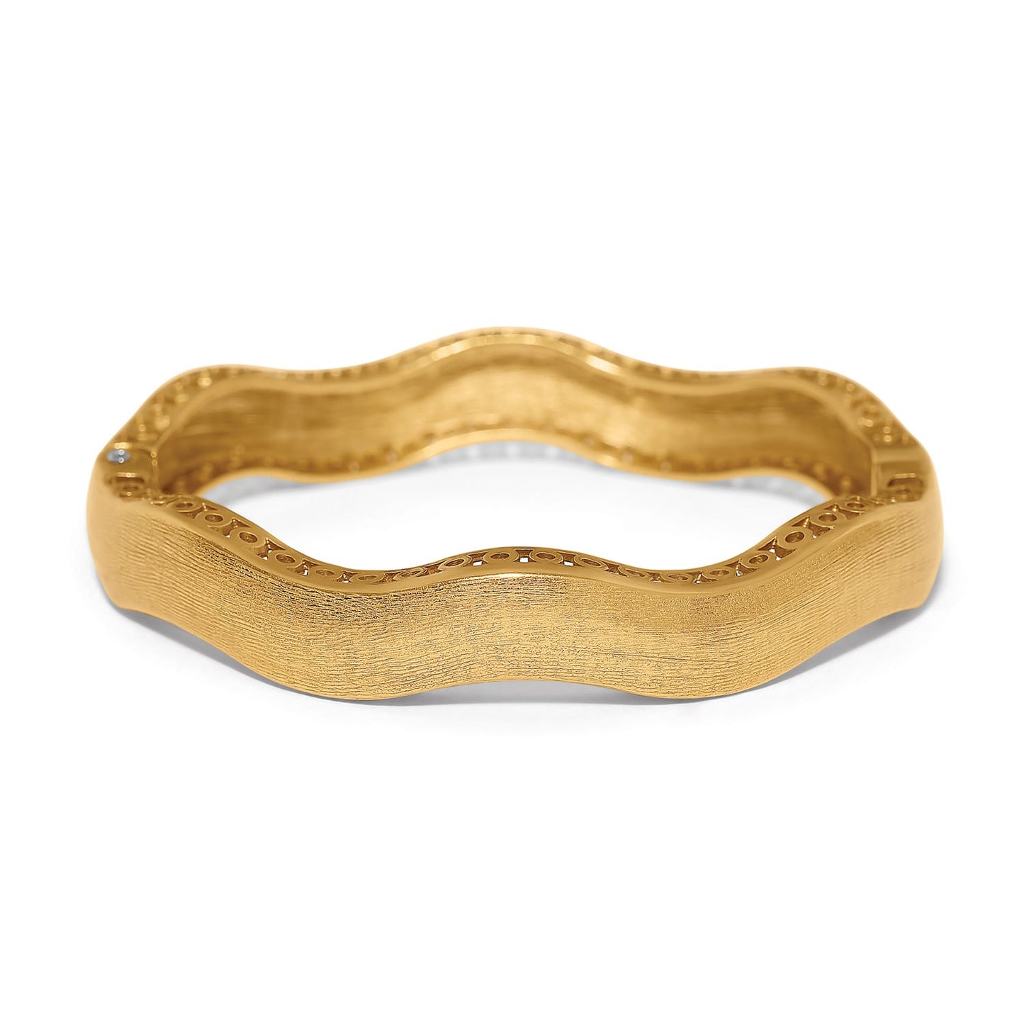 Brighton bangle bracelet with wavy sculpted design and brushed gold-tone finish with scrollwork edge on a white background