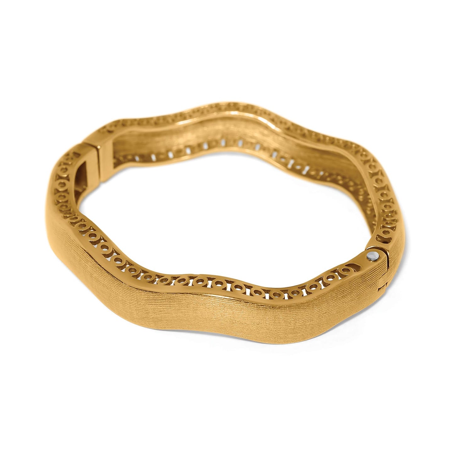 Brighton bangle bracelet with wavy gold-tone silhouette, brushed finish, and openwork scroll edge detail on a white background