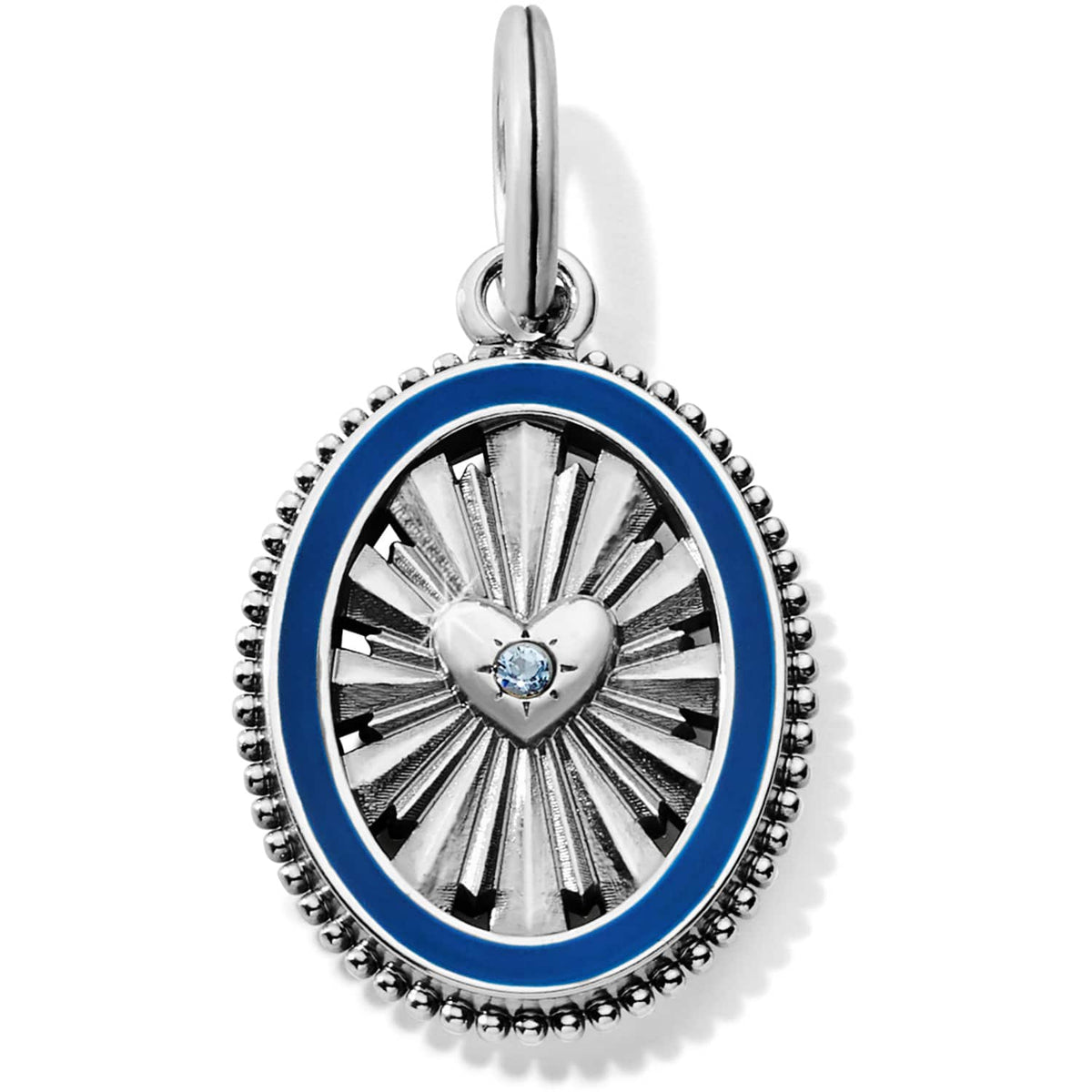 Brighton oval charm pendant with silver-plated sunburst design, central heart with crystal, and blue enamel border on a white background
