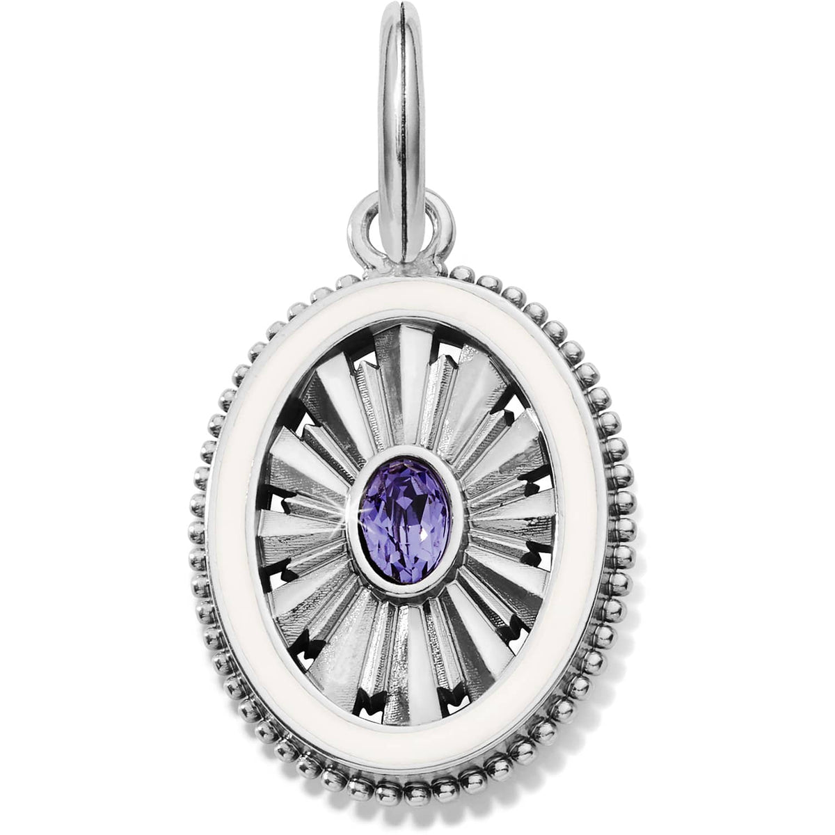 Brighton oval charm pendant with silver-plated sunburst design, purple crystal center, and beaded border on a white background